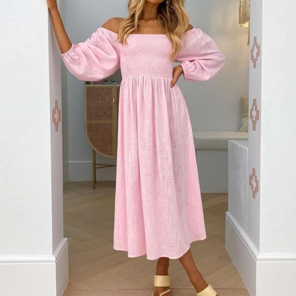 Petal & Pup Pink Cotton Linen Off The Shoulder Smocked Bodice Oceane Midi Dress